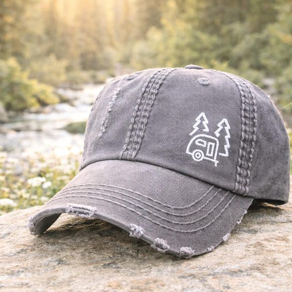 Embroidered Camping Cap: Camper or Tent Baseball Hat, Small Corner Design, Gift Clothing