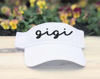 Gigi OR custom text embroidered name nickname visor, cursive script font cute hat cap, gift clothing present gigi mini nana her birthday