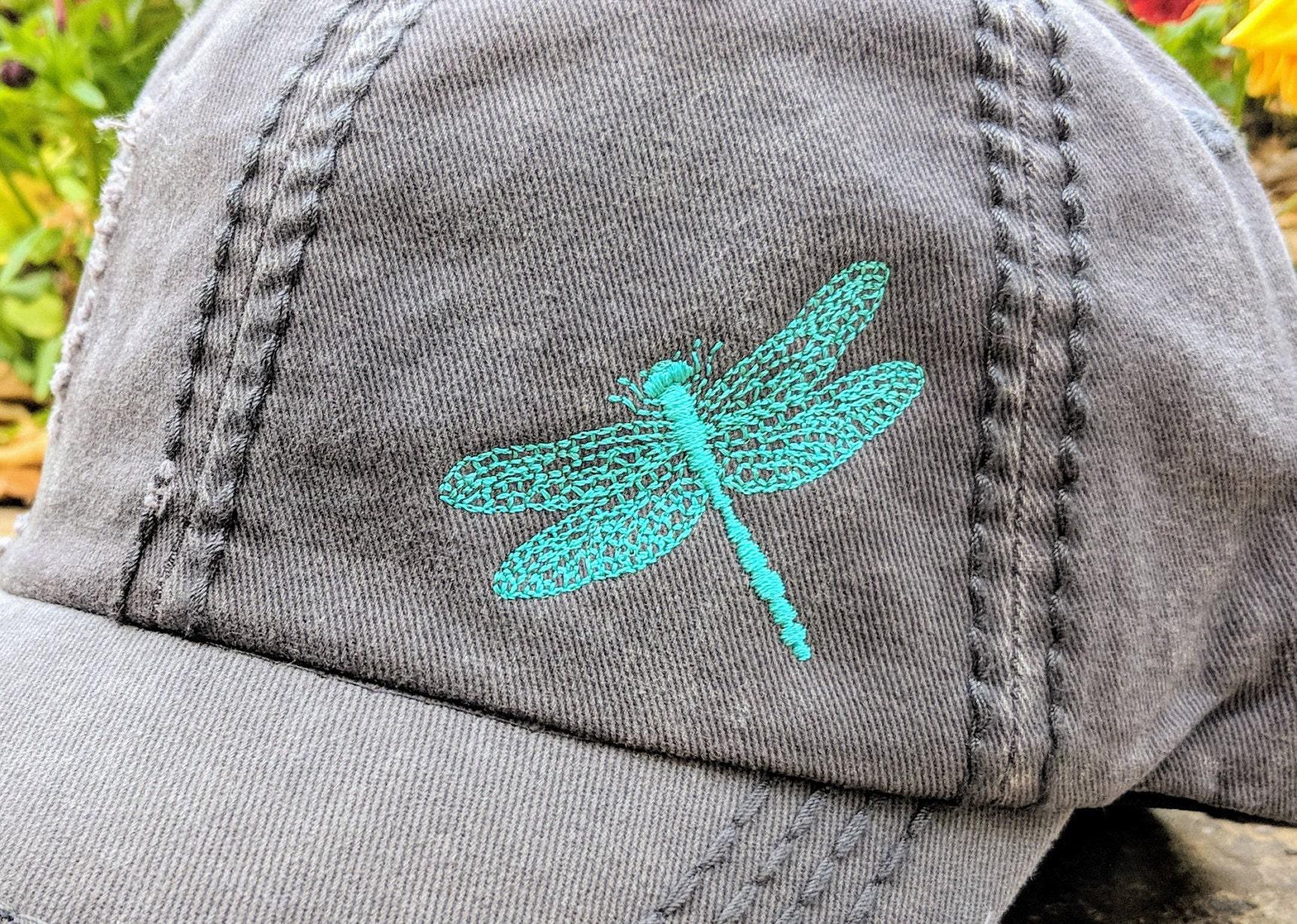 New Custom Designed Black & Gray Distressed Baseball Cap, Embroidered Dragonfly Embroidered Dragonfly Baseball Cap: Women main image 3
