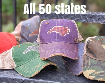 Embroidered State Shape Trucker Hat, Vintage Wash Mesh Back Baseball Cap, North South Carolina +