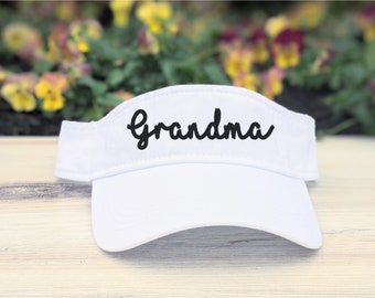 Women's Grandma embroidered monogrammed visor, cursive script font cute hat cap, gift clothing present for birthday mother's day Christmas