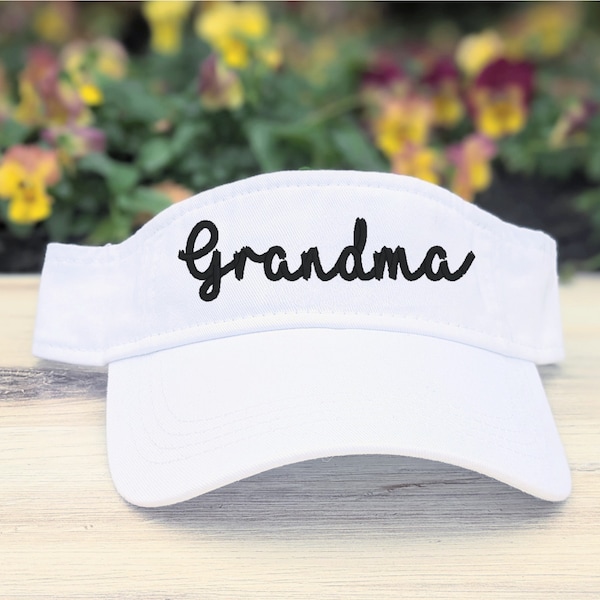Women's Grandma embroidered monogrammed visor, cursive script font cute hat cap, gift clothing present for birthday mother's day Christmas