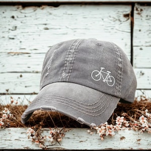 Embroidered Bicycle Hat: Women's Distressed Baseball Cap, Small Road Bike In Corner