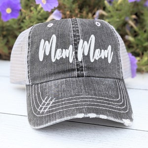 Mom Mom or custom text name nickname mom-mom mommom embroidered women's baseball cap hat, grey cute, add bling rhinestones, gift present