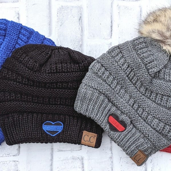 Embroidered Thin Line Heart Beanie: Blue Red More, Custom Badge Number, CC Winter Hat