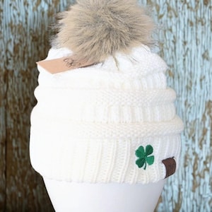 Embroidered Shamrock CC Beanie: Women's St. Patrick's Day Four Leaf Clover Fall Winter Hat
