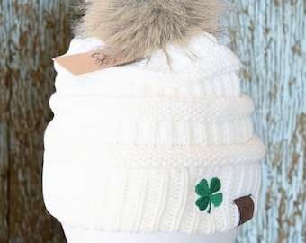 Embroidered Shamrock CC Beanie: Women's St. Patrick's Day Four Leaf Clover Fall Winter Hat