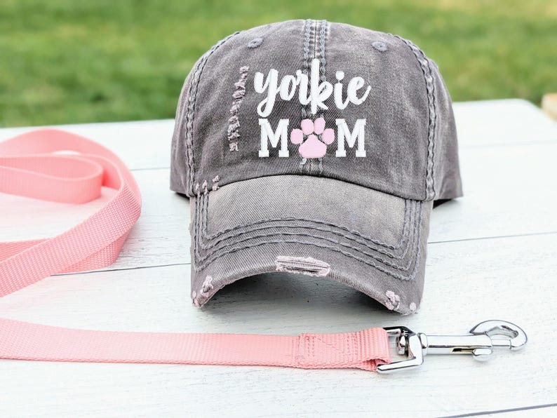 Yorkie Dog Mom Hat: Yorkshire Terrier Dog Embroidered Paw Print Baseball Cap, Gift Clothing image 1