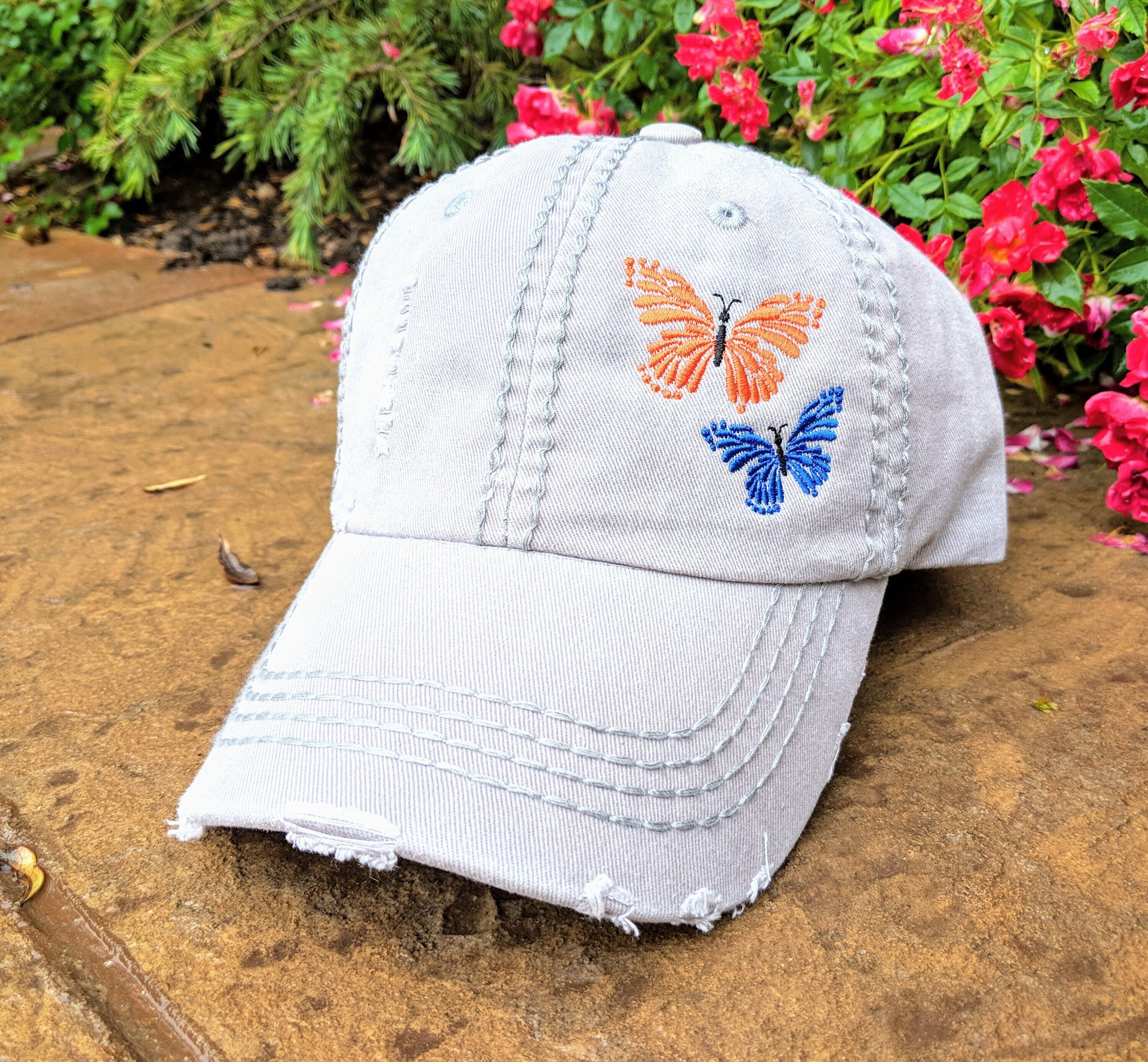 New Custom Designed White Teddy Baseball Cap with Blue & White Butterfly Blue and White Butterfly DREAM Embroidered Adjustable  main image 3