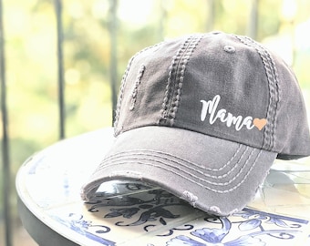Embroidered Mama Hat, Baseball Cap, Wife Mom Her, Cursive Font Heart Gift Clothing