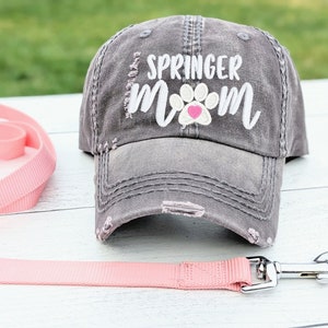 Embroidered Springer Spaniel Mom or Mama Hat: Distressed Women&#39;s Baseball Cap, Dog Paw Print