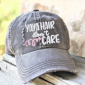 Yaya Hair Don&#39;t Care Hat: Embroidered Distressed Baseball Cap