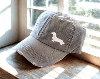 Women's Dachshund Embroidered Baseball Cap Hat, Doxie Wiener Dog Shape Outline Silhouette in Corner