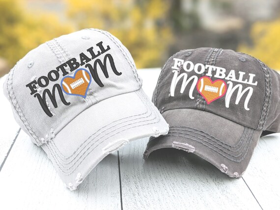 Football Mom Hat: Embroidered Heart Ball, Distressed Baseball Cap