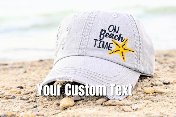 Embroidered Custom Text Beach Bum, On Beach Time Hat: Baseball Cap with Starfish Gift