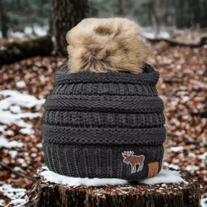 Embroidered Moose Beanie, Optional Pom Winter Hat Cap, Women's Clothing, Moose Lover Gift