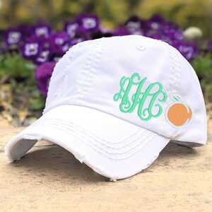 Peach Custom Monogram Baseball Cap: Women&#39;s Distressed Initials Georgia Hat, White More
