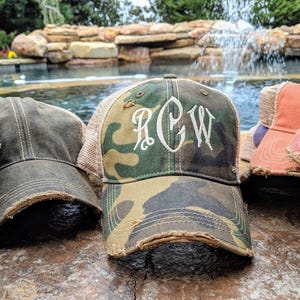 Monogrammed initials trucker hat baseball mesh cap, vintage style wash finish, choose font