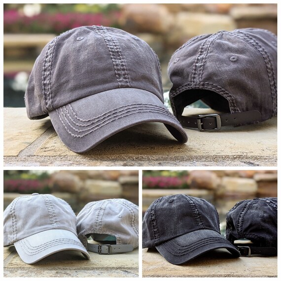 Women s blank hat non distressed baseball cap dark grey light grey or black vintage wash vegan leather strap cute hiking camping gift