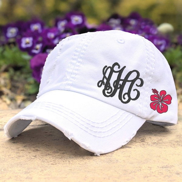 Women's hibiscus flower beach baseball cap with monogram initials, cute vacation trip cruise hat, hawaii maui florida, gift for her wife mom