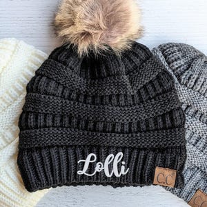 Embroidered Lolli or Custom Text CC Winter Beanie: Personalized Name Monogram Optional Pom