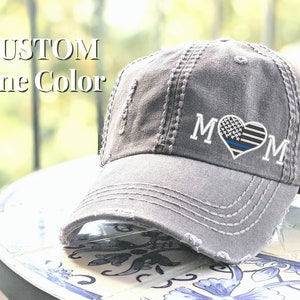 Police Mom Thin Blue Line Hat, Or Custom Color: Red Gold More Flag Cap