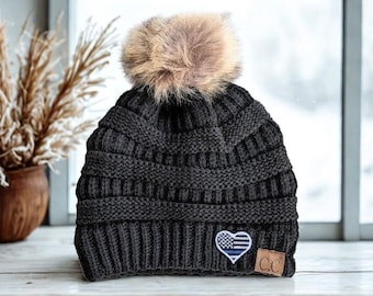 Thin Blue Line Beanie, Flag Heart Optional Badge Number, LEO Wife Mom, Winter Hat