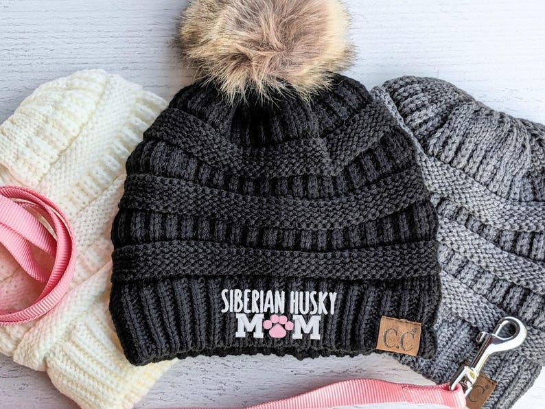 Siberian Husky Dog Mom or Mama CC Beanie: Winter Hat Cap Optional Pom, Embroidered image 1