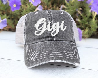 Gigi or custom text name nickname embroidered women's baseball cap hat, grey cute mesh back, add bling rhinestones, gift present birthday