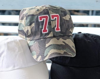 Embroidered Number Baseball Cap: Custom Varsity Sports Team Hat, Center or Corner Design, Gift