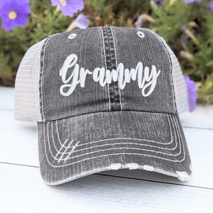 Grammy or custom text name nickname embroidered women&#39;s baseball cap hat, grey cute mesh back, add bling rhinestones, gift present birthday