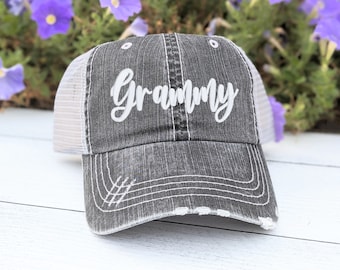 Grammy or custom text name nickname embroidered women's baseball cap hat, grey cute mesh back, add bling rhinestones, gift present birthday