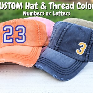 Embroidered number hat, jersey varsity jv hat, player game mom baseball cap, football hockey soccer softball lacrosse, spirit wear clothing