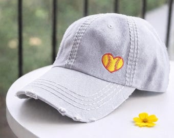 Women's Softball Hat Baseball Cap, Embroidered Small Heart Shaped Ball In Corner, Gift Clothing