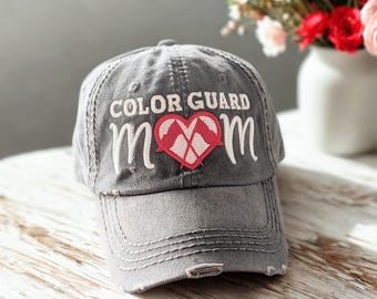 Color Guard Mom Hat: Embroidered Baseball Cap, Heart Flags Design, Gift Clothing Present