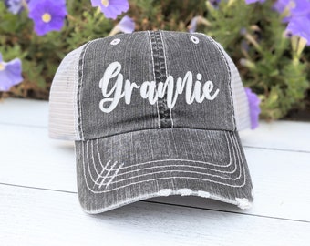 Grannie or custom text name nickname embroidered women's baseball cap hat, grey cute mesh back, add bling rhinestones, gift present birthday