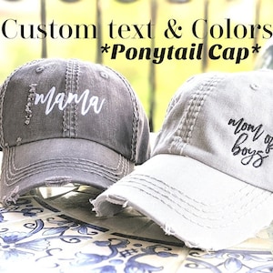 Custom text ponytail cap, ponytail cap, messy bun hat, messy bun cap, high ponytail hat, high ponytail cap, distressed ponytail cap, hat
