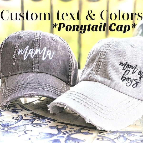 Custom text ponytail cap, ponytail cap, messy bun hat, messy bun cap, high ponytail hat, high ponytail cap, distressed ponytail cap, hat