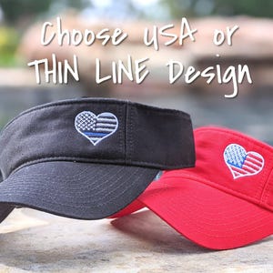 Embroidered USA Flag Heart Visor: Thin Blue Red Gold Line + Patriotic Gift Clothing