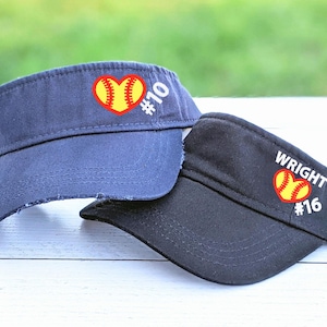 Women&#39;s softball visor with optional name and number, embroidered cute heart, spirit wear gift mom her wife sister friend, custom sun hat