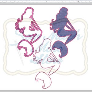 May include: Two mermaid silhouettes, one pink and one blue, with a third white mermaid silhouette in the background. The mermaids are stylized and have flowing hair and tails.