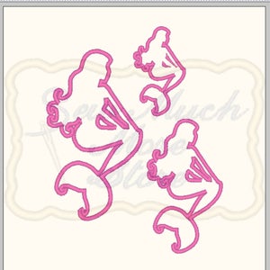 May include: Three pink mermaid outlines with curly hair and tails. The mermaids are in a variety of poses.