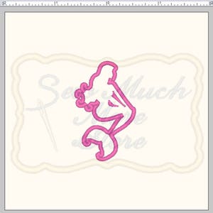 May include: Pink outline of a mermaid with a crown on her head, inside a white frame with the text "See Much More" in a cursive font.