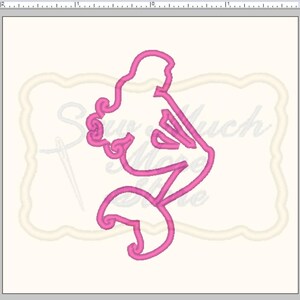 May include: Pink outline of a mermaid with a curly tail and a crown on her head.