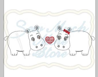 3 PACK - Hippo Sweethearts Outline (Felt Applique) - Machine Embroidery File - Lilly Bimble | valentines | heart | animal | love | applique