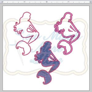 May include: Three mermaid silhouettes in pink and blue. The mermaids are in different poses, with one sitting and the other two standing. The mermaids are outlined in a darker shade of their respective colors.