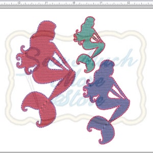 May include: Three mermaid silhouettes in pink, blue, and green. The mermaids are sitting with their tails curled behind them. The mermaids are outlined in a darker shade of their respective colors.