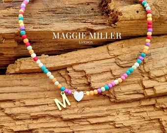 Beaded initial necklace colourful beads personalised letter colorful choker