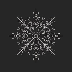 May include: A white snowflake design on a black background. The snowflake is made up of intricate lines and curves.