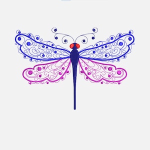 May include: A blue and purple dragonfly with intricate, swirling patterns on its wings. The dragonfly has a red head and a black body.